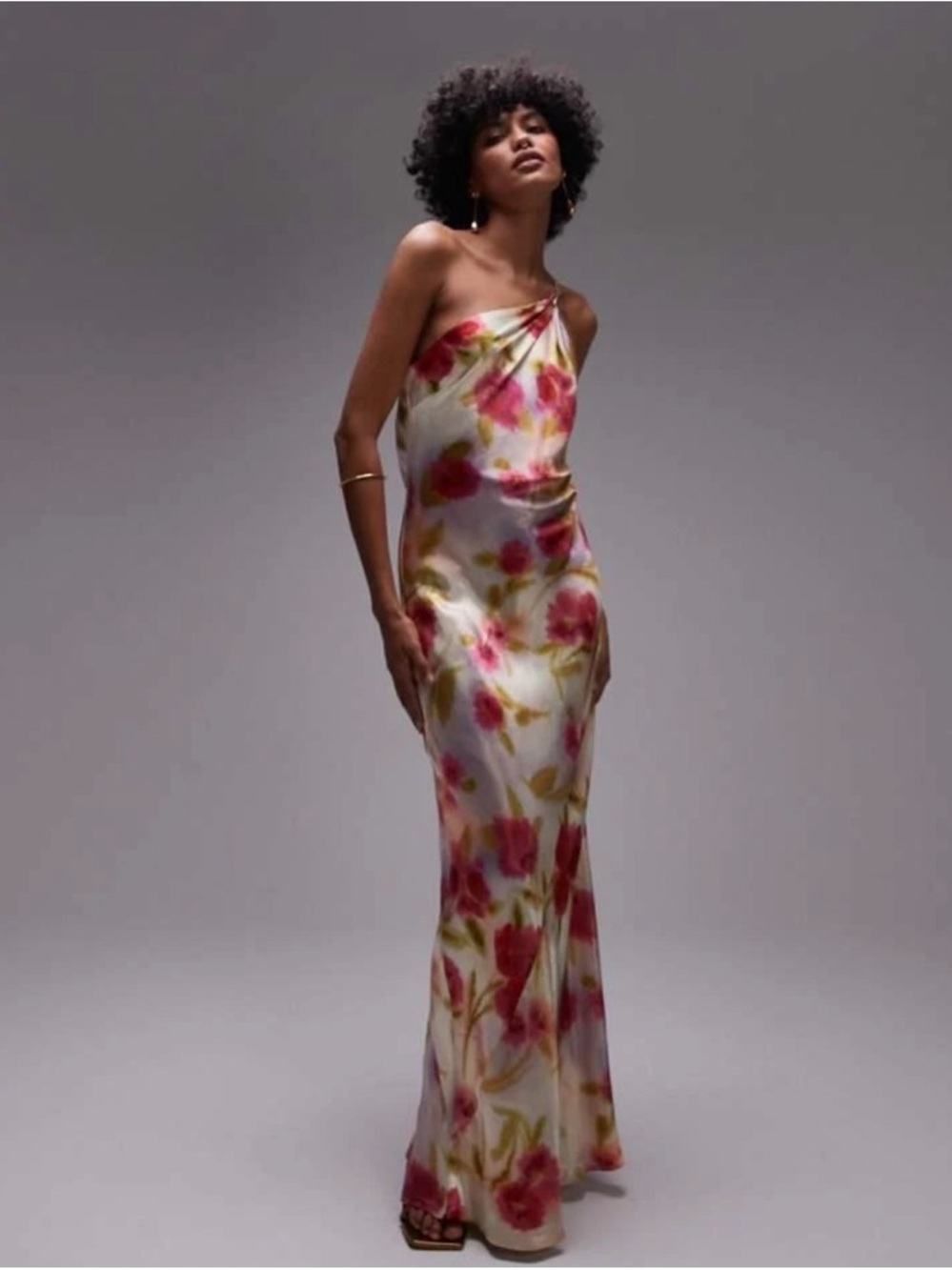 Topshop asymmetric one shoulder open back dress in watercolor bloom